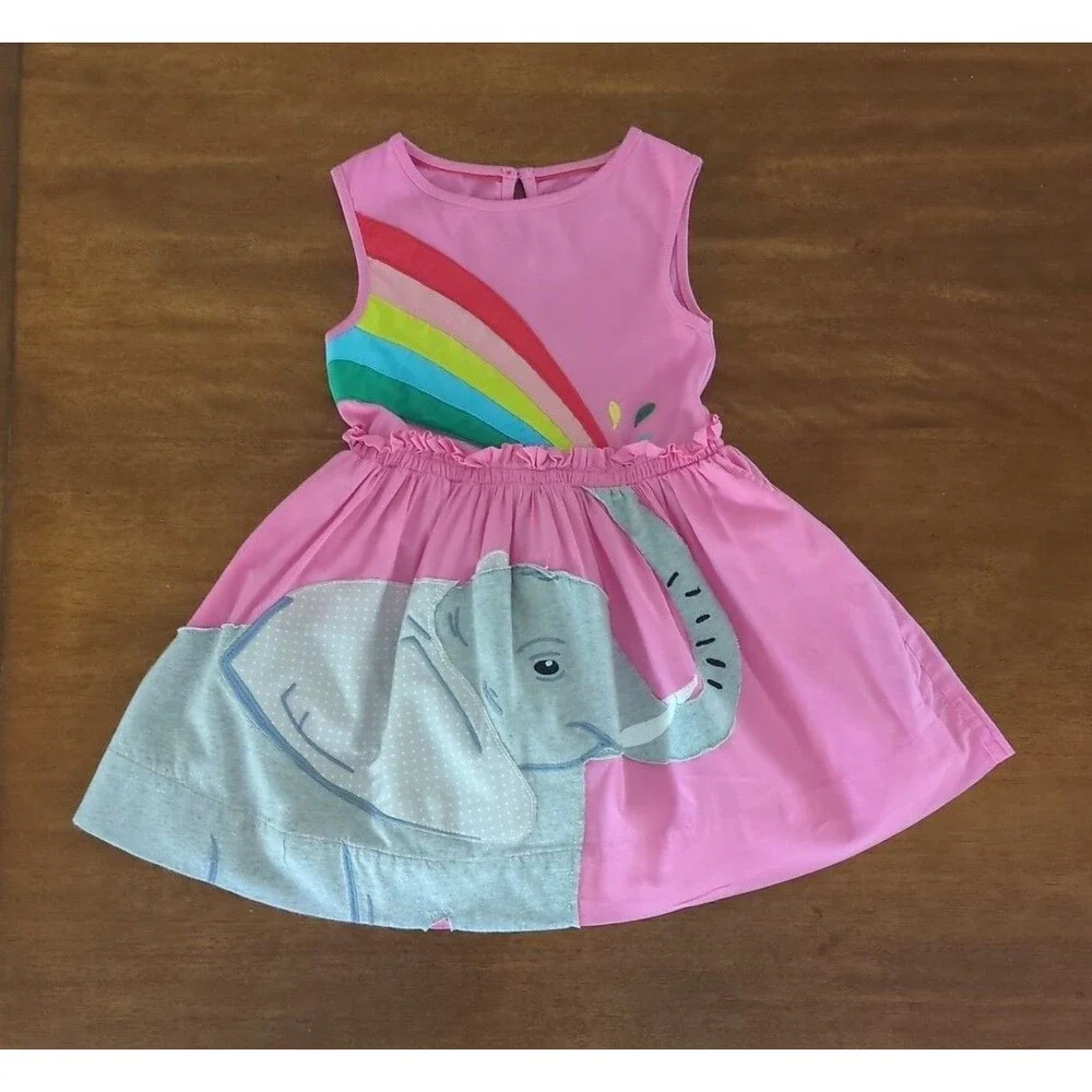 Mini boden girls sleeveless pink dress  rainbow / elephant applique; size 4/5